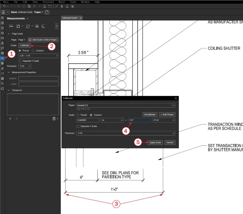 Screenshot labeling the steps to calibrate a drawing with an unknown scale.