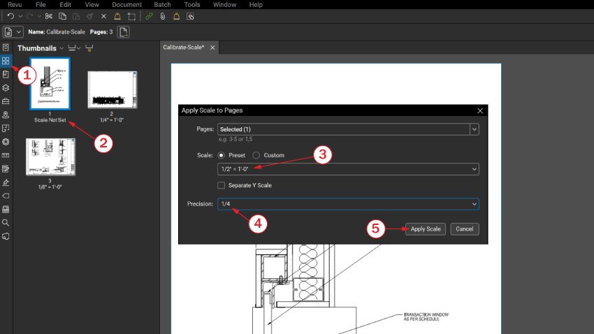 Screenshot labeling the steps to set a page scale in your Bluebeam document.